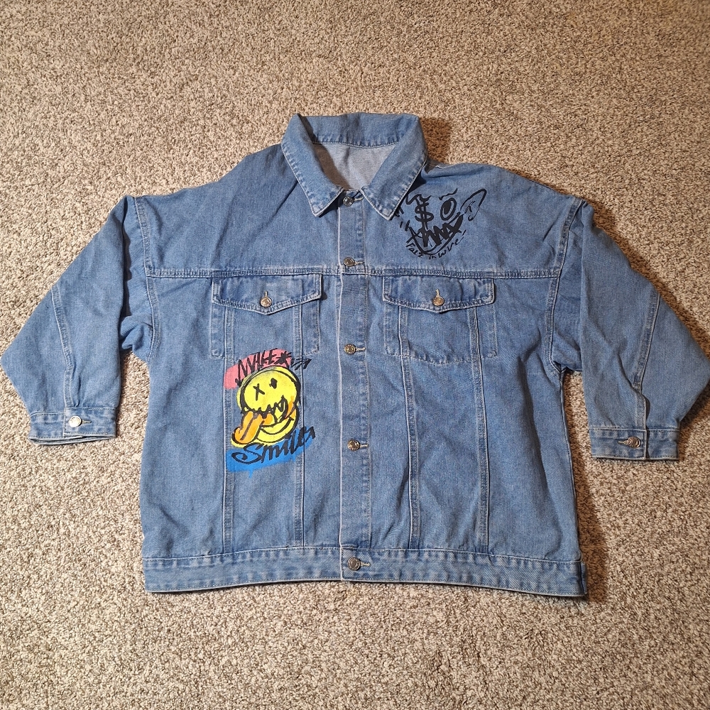 ROMWE Blue Denim Mens Jacket with Graphic Smile Patch Size L